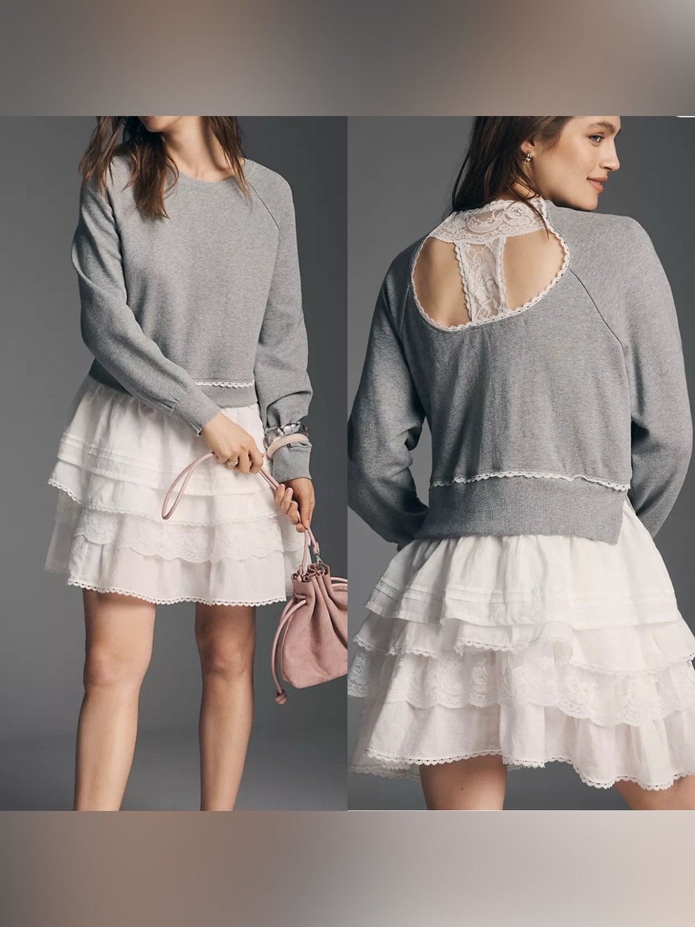 Anthropologie Twofer Tiered Sweatshirt Dress Size XS NEW Boho Lace Cottagecore